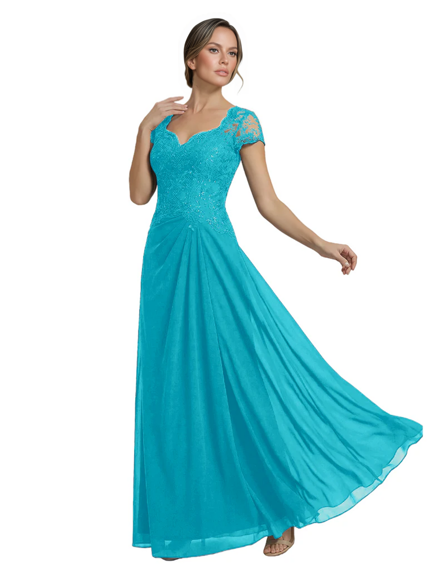 Long A-line Chiffon Short Sleeves Mother of the Brides Dresses Lace Wedding