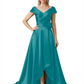 Off Shoulder Mother of the Bride Dress High-Low Satin Gown with Portrait Neckline
