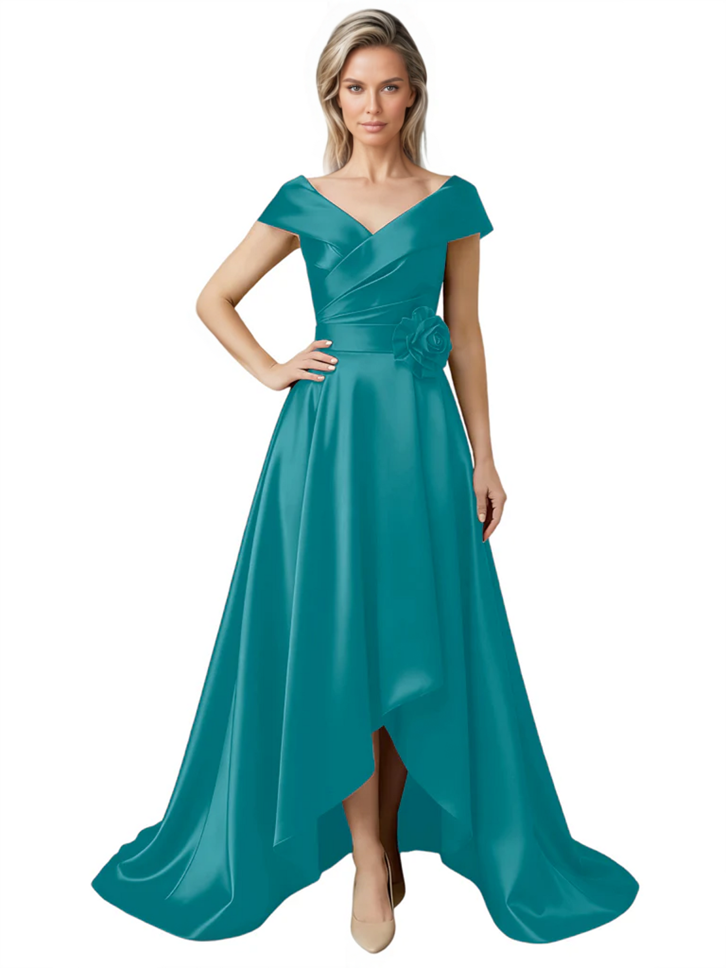 Off Shoulder Mother of the Bride Dress High-Low Satin Gown with Portrait Neckline