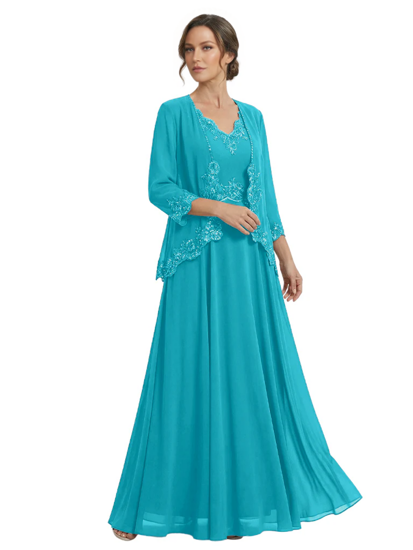 Plus Size A-line Chiffon 3/4 Sleeves Mother of the Brides Dresses Long Jacket Dress