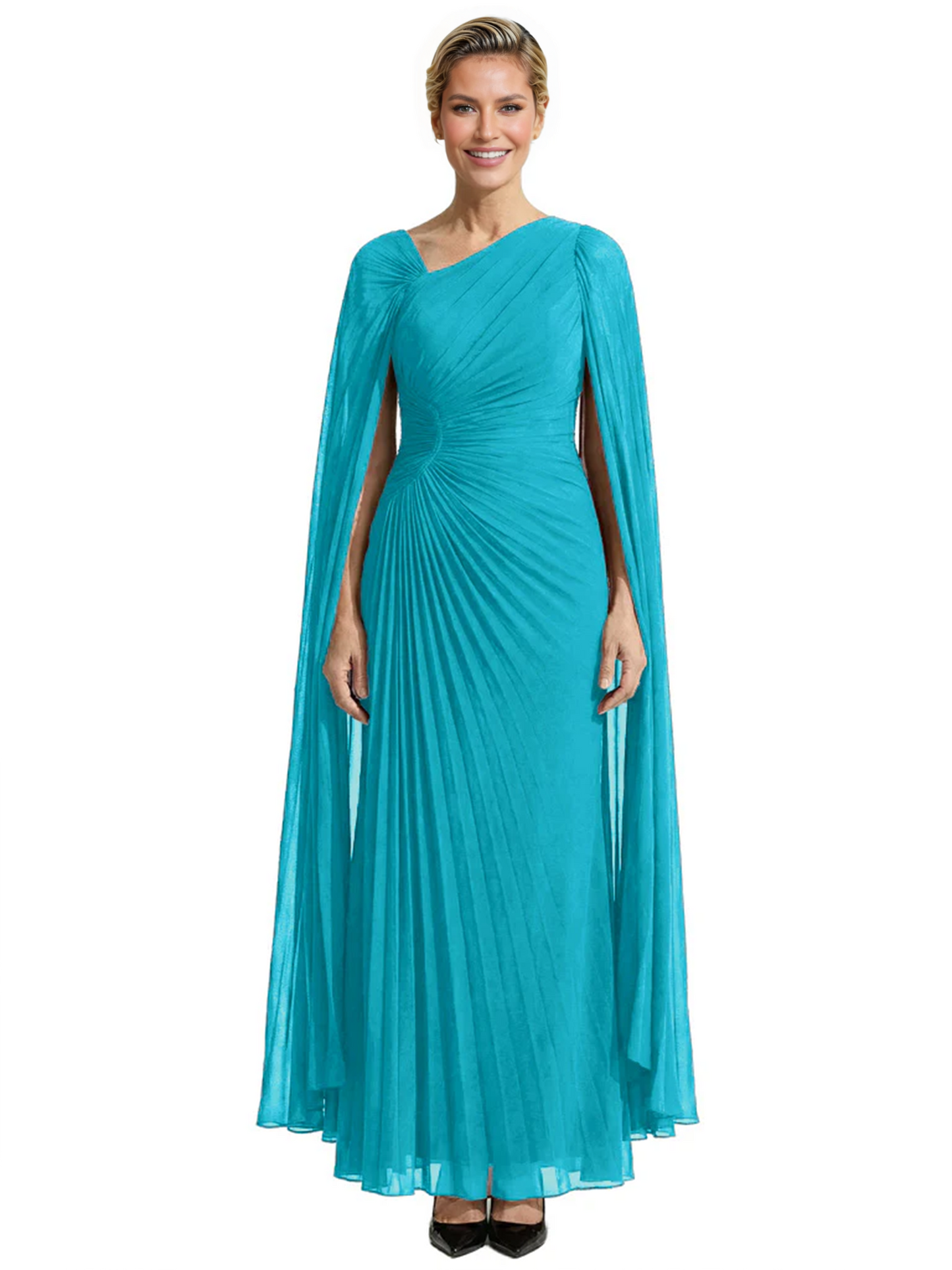 Elegant Asymmetric Neck Long A-Line Chiffon Mother of the Brides Dresses Mom Outfit with Cape