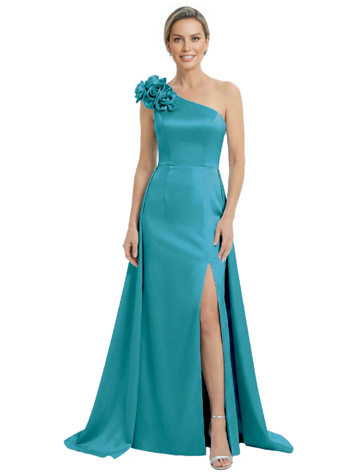 One Shoulder Mother of the Bride Dress with 3D Floral Detail Formal Dress A-Line Gowns with Slit
