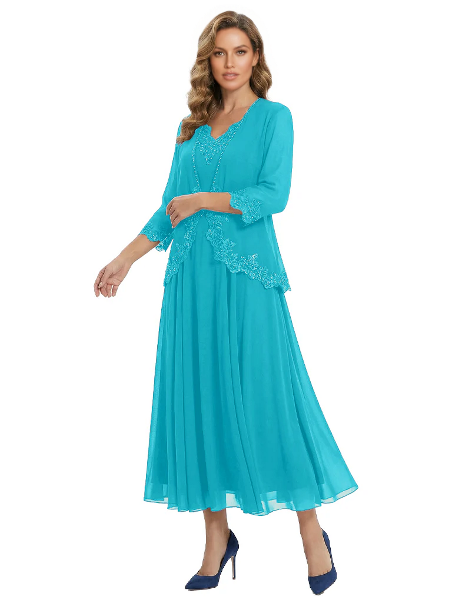 3/4 Sleeve Chiffon Mother of the Brides Dresses V-Neck Wedding Party Gowns