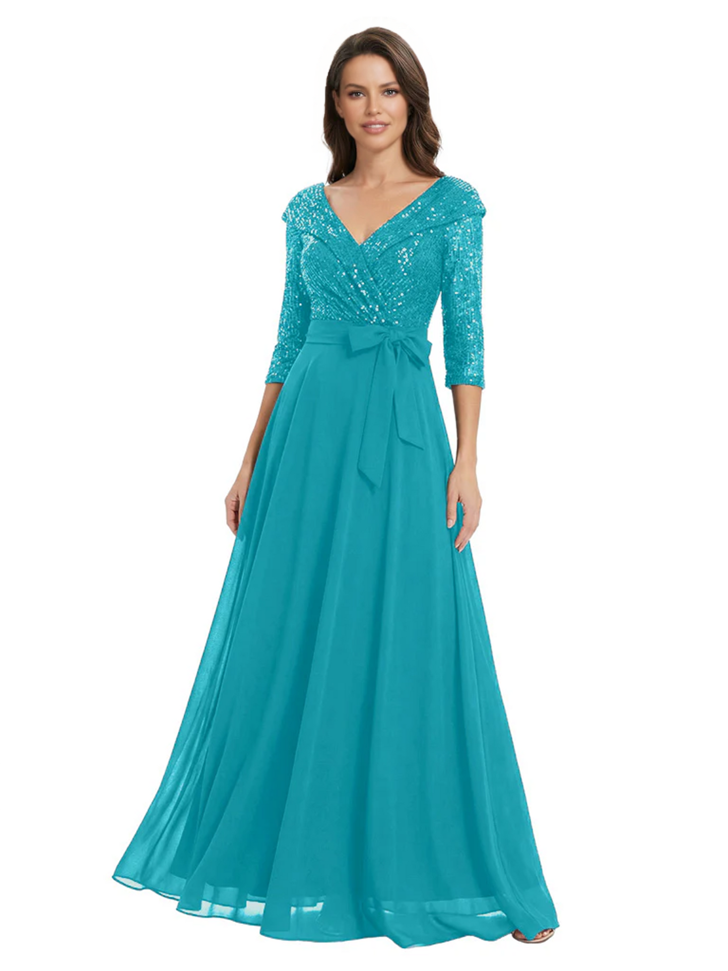 Chiffon Mother of the Bride Dress with Sequin V-Neck and Elegant Bow Sash