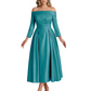 Off Shoulder Mother of the Bride Dress Tea-Length Satin Gown with Lace Applique