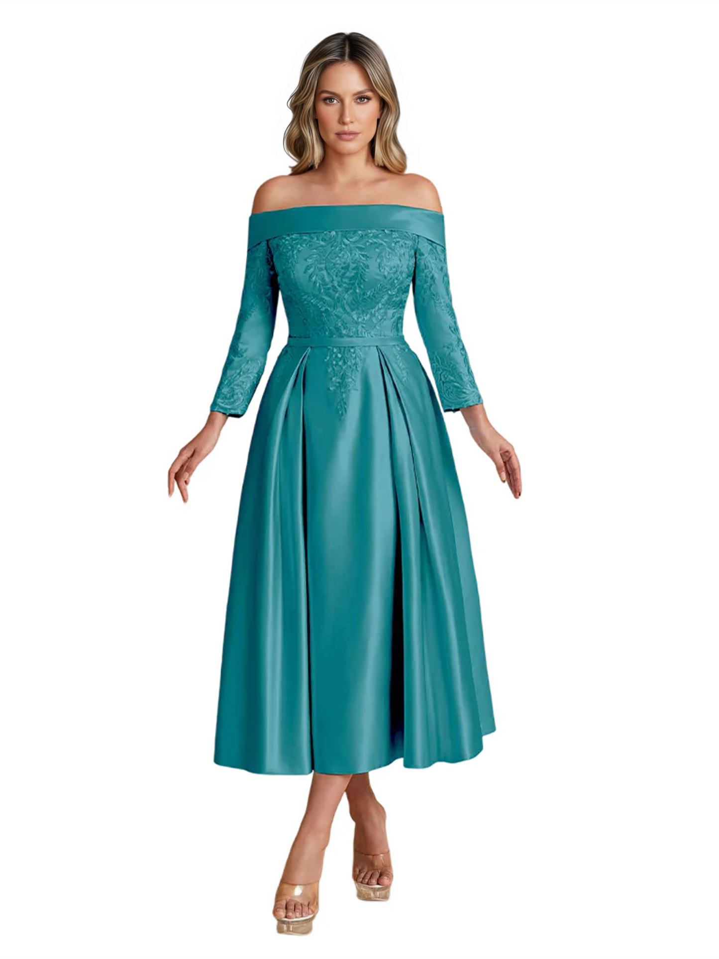 Off Shoulder Mother of the Bride Dress Tea-Length Satin Gown with Lace Applique