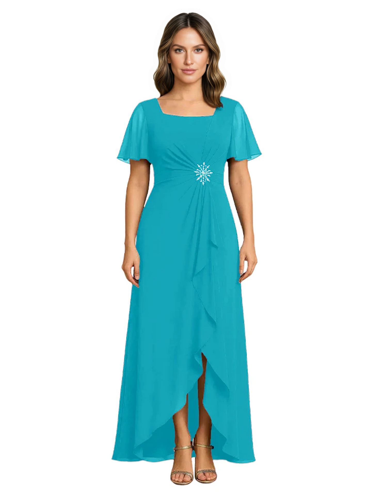 Formal High-Low Mother of the Bride Gown Sleeved Chiffon Maxi Dress Ruched Waist