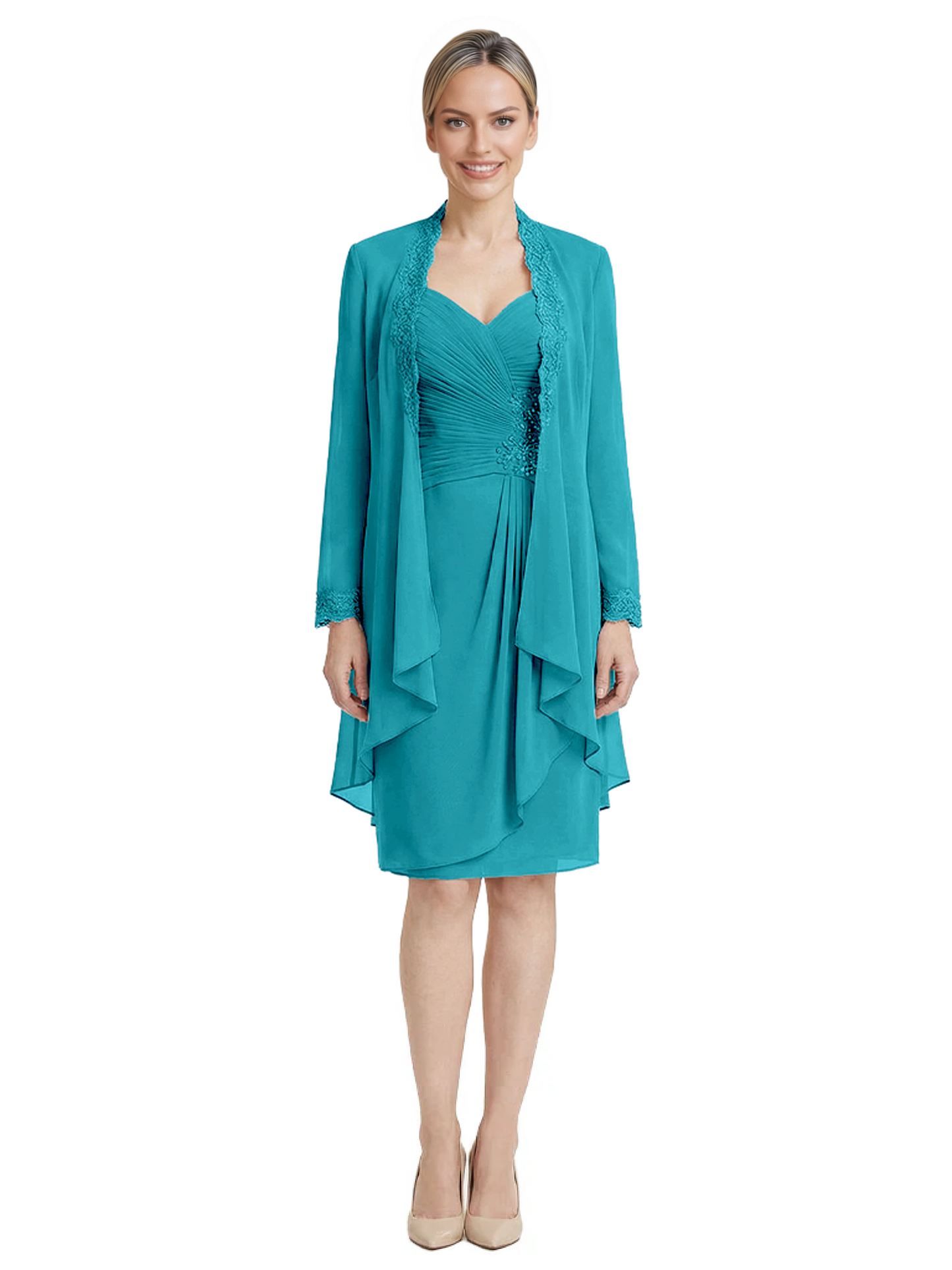 2PCS Knee Length Chiffon Mother of the Brides Dresses Short V-Neck