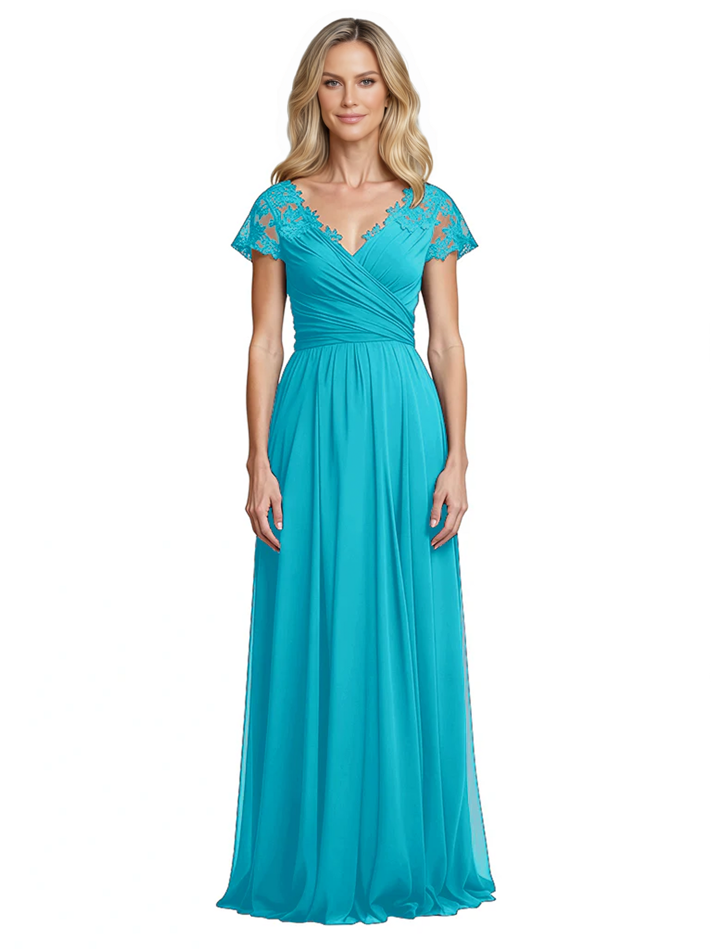 Mother of the Bride Dress Cap Sleeves and V-Neckline with Embroidered Lace Shoulders