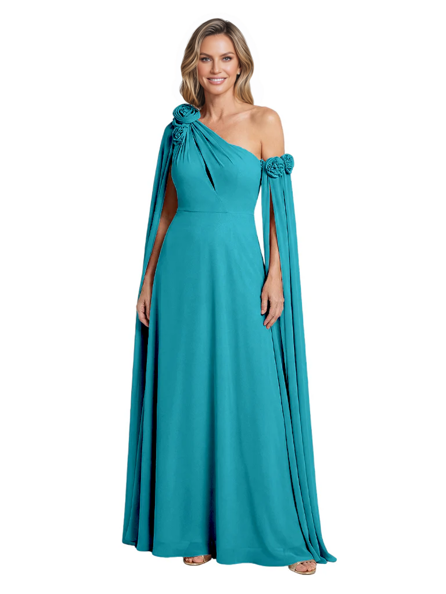 One Shoulder Mother of the Bride Dress Asymmetrical Cape Sleeve Gown with Floral
