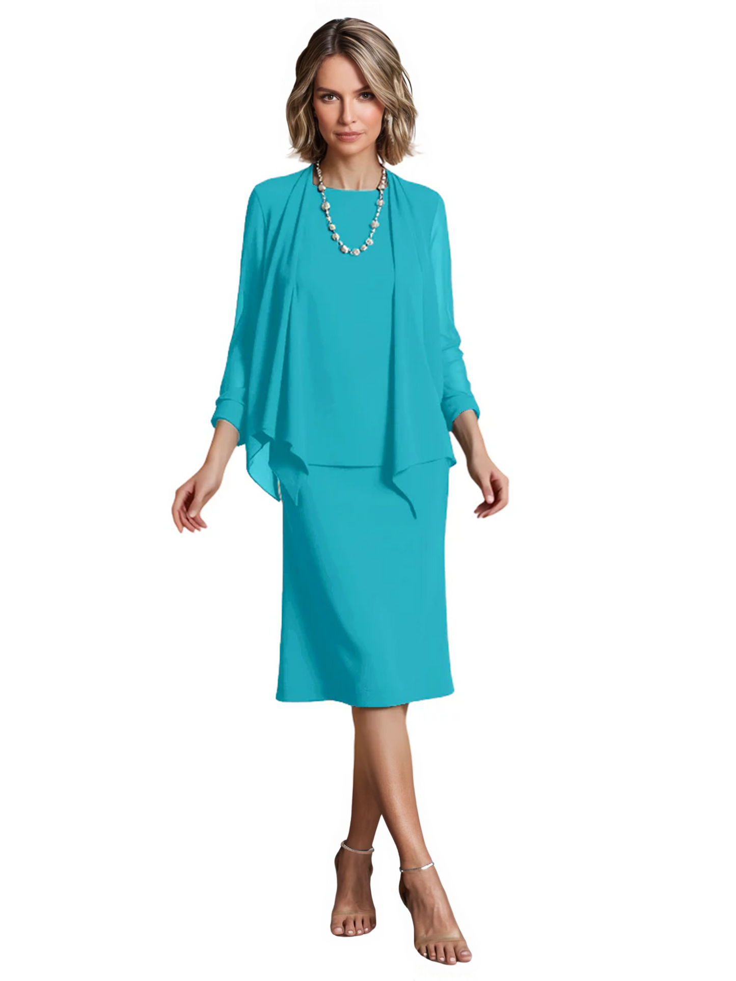 3 PCS Knee-Length Mother of Bride Dresses Prom Dress Evening Dress with Sheer Sleeves and Jacket