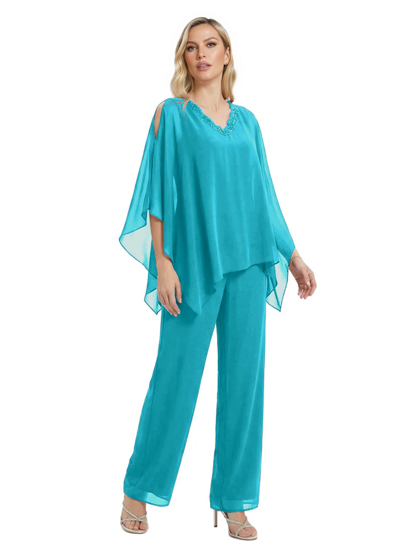 V-Neck Chiffon Mother of the Brides Dresses Plus Size Jacket Suits Wedding