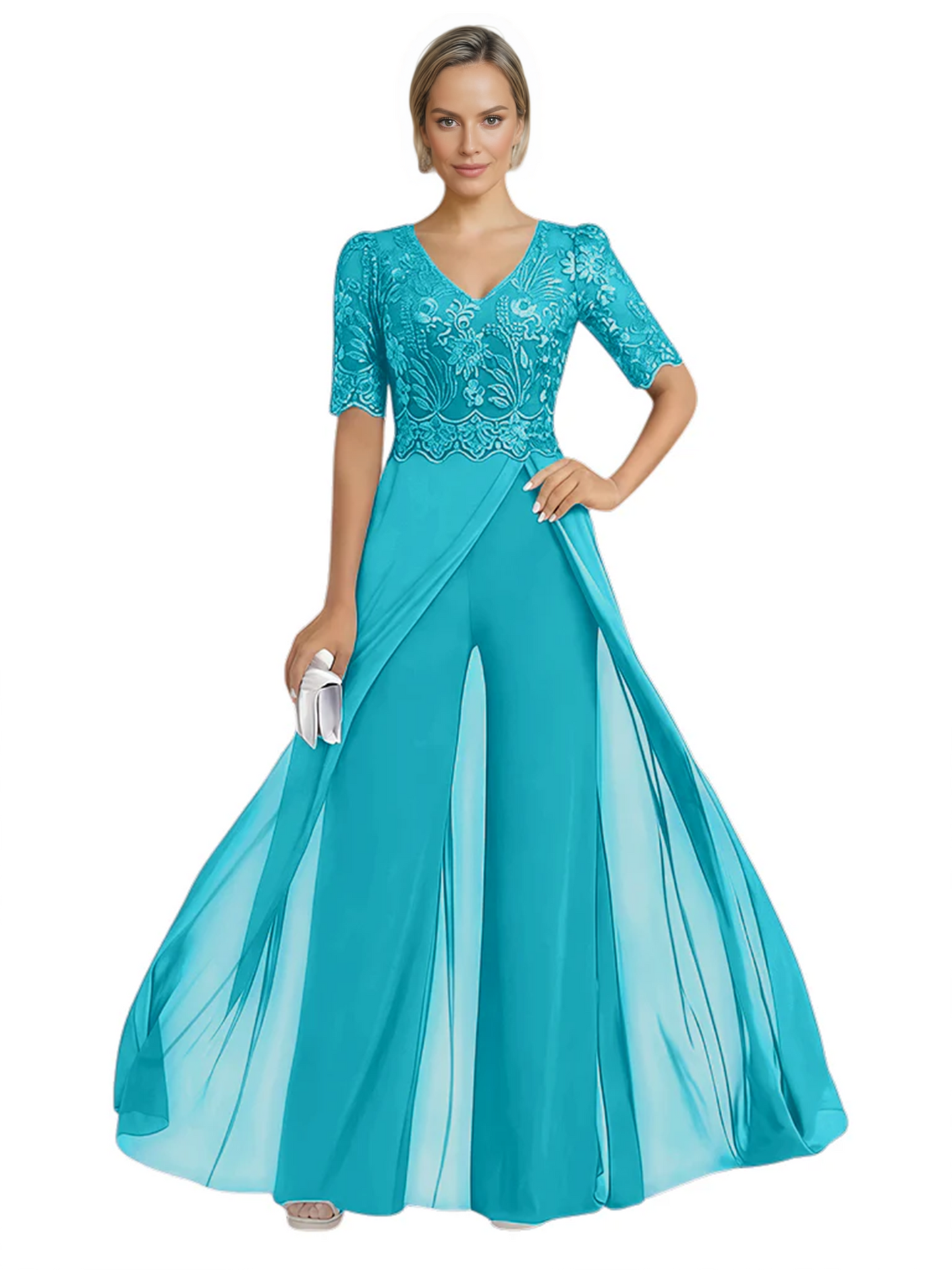 V-Neck Chiffon Mother of the Brides Jumpsuits Dresses Floor Length A-Line Lace