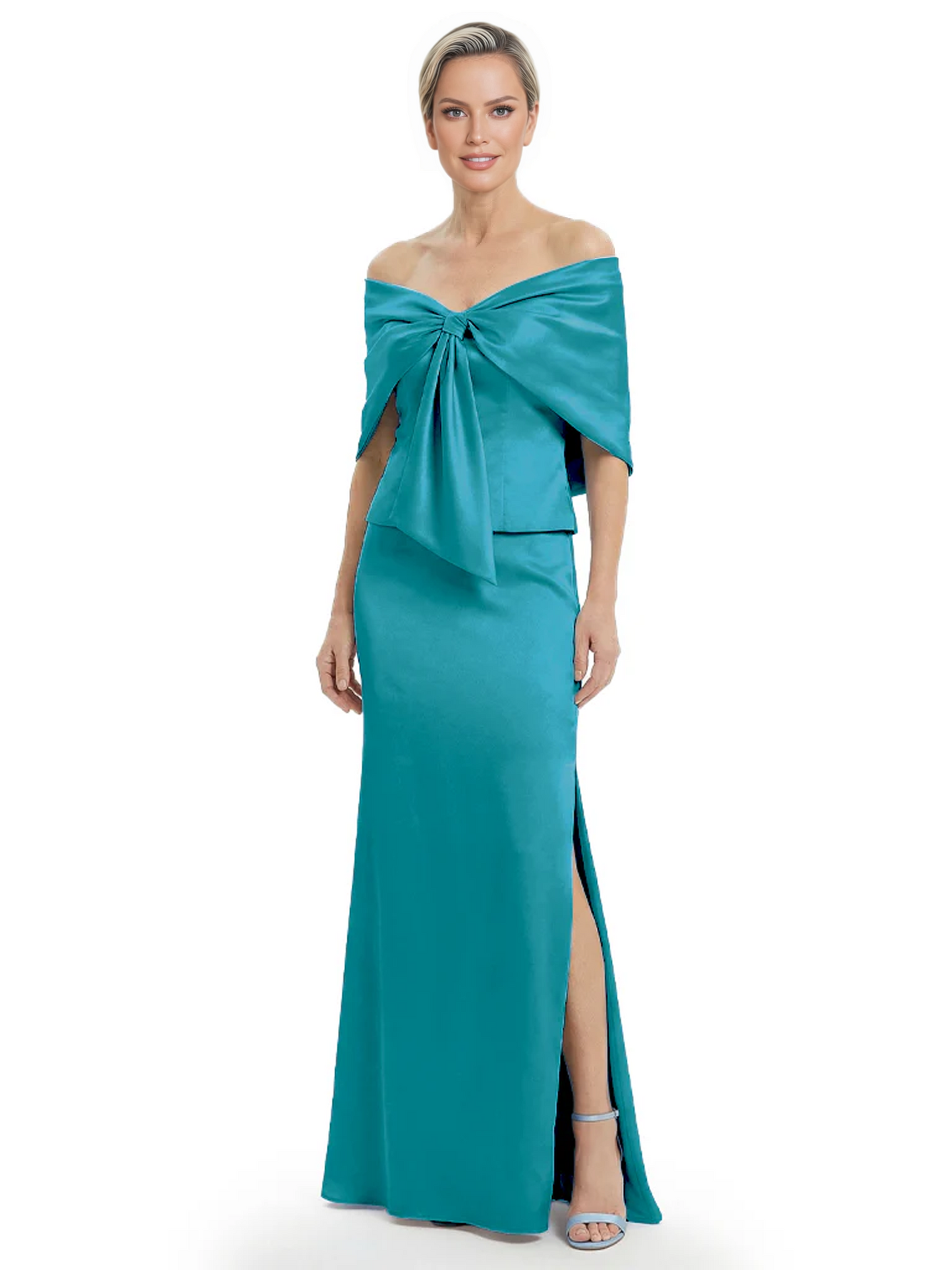 Formal Floor-Length Mother of the Bride Gown Satin Maxi Dress with Bow Neckline
