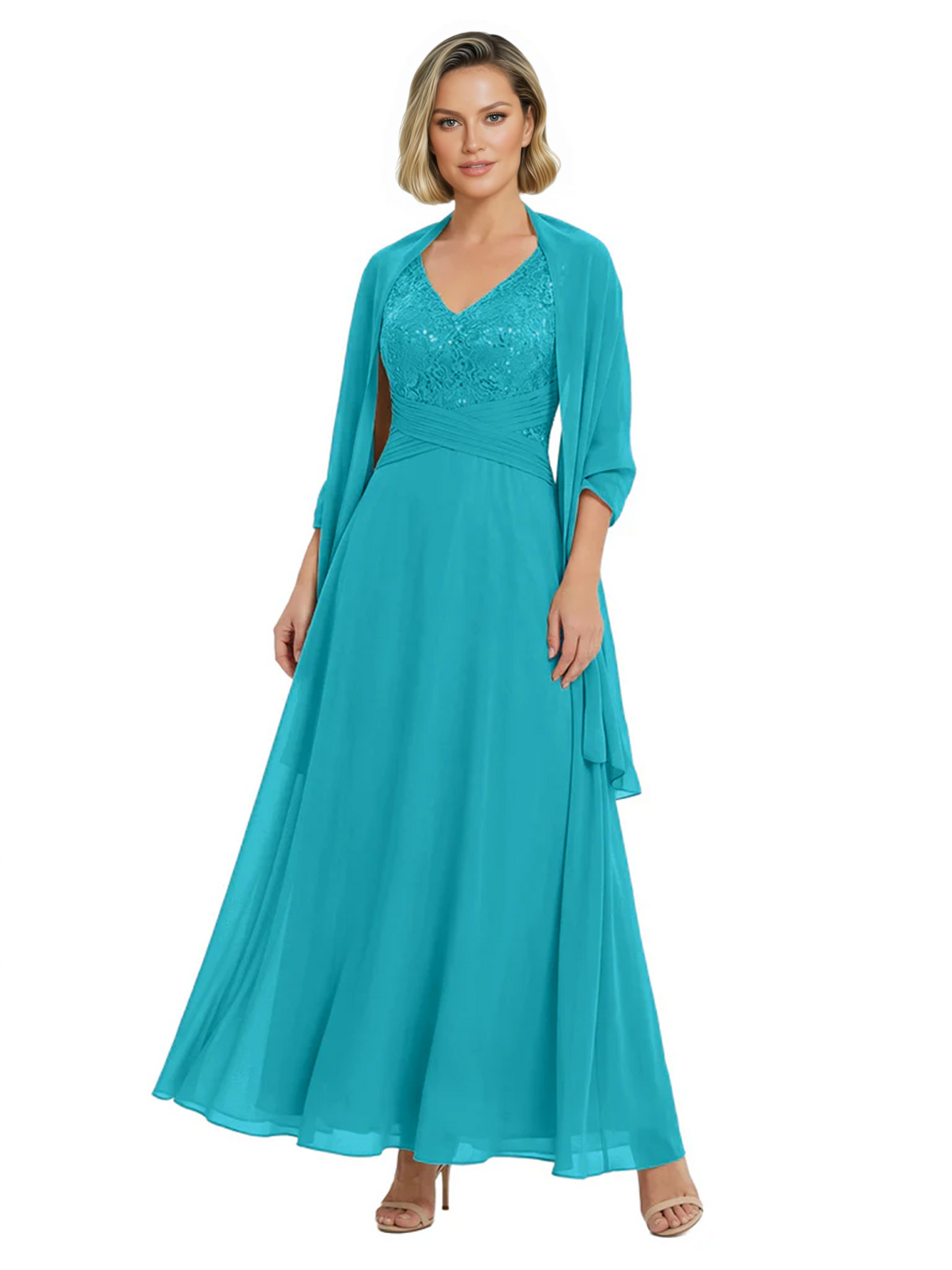 Luxury Formal Mother of Bride Dress Sparkling Sequin Top & Flowy Chiffon Skirt with Shawl