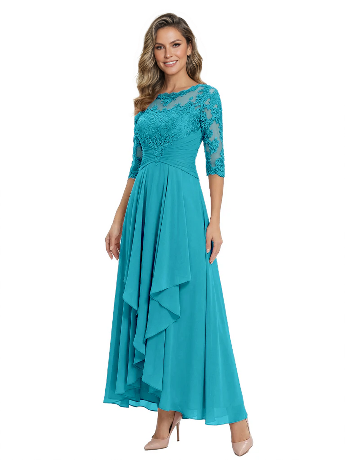 3/4 Sleeve Mother of the Bride Dress with Lace Embroidery High-Low Hem 2026