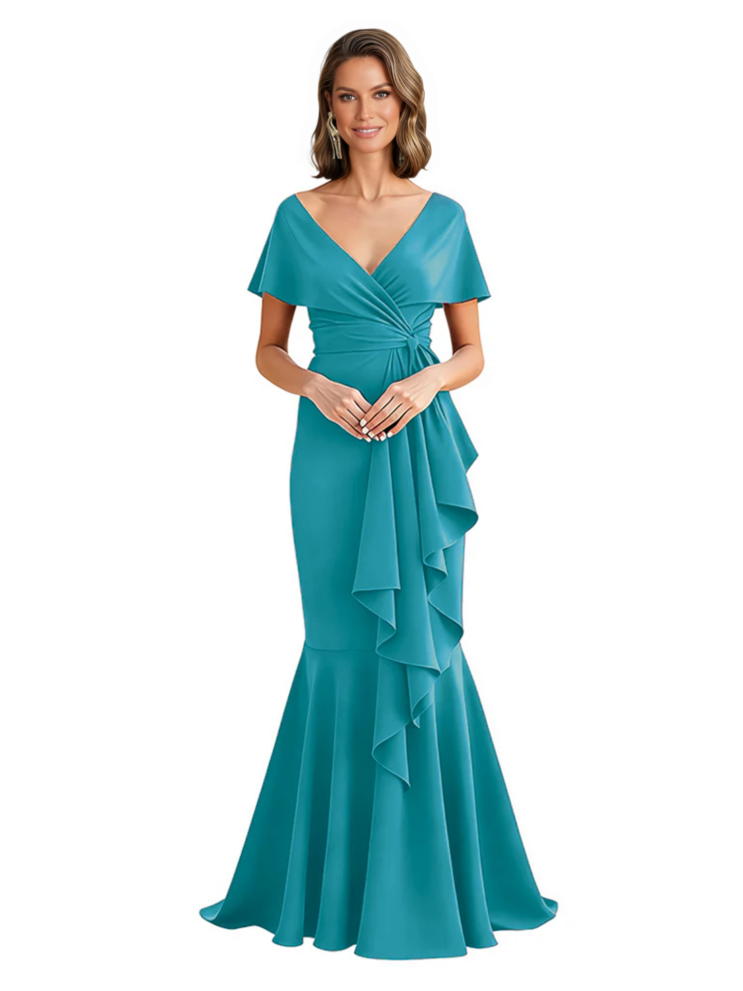 Satin Mother of the Bride Dress with Cascading Ruffles and Mermaid Tail V-Neck
