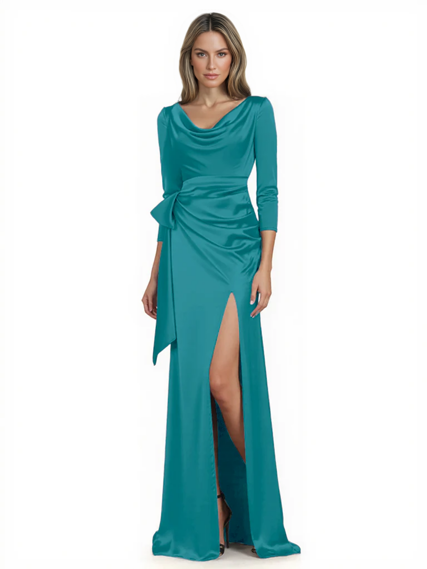 Elegant Evening Gowns Slit Trending Styles Satin Slit Formal Dress Cowl Neckline Gown Tie