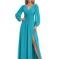 A-Line Mother of Bride Dress V-Neck Chiffon Gown Long Sleeves Slit Formal Dress