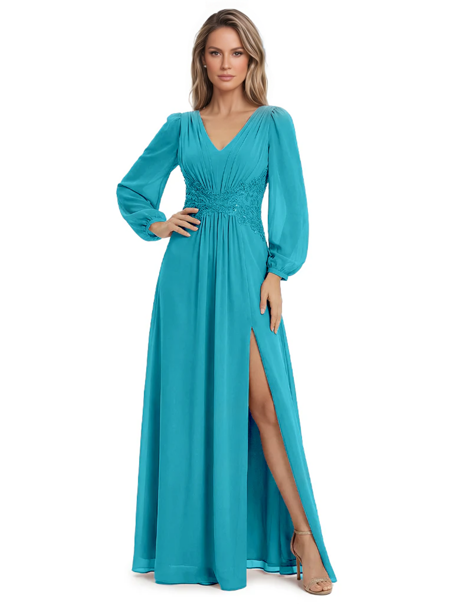 A-Line Mother of Bride Dress V-Neck Chiffon Gown Long Sleeves Slit Formal Dress