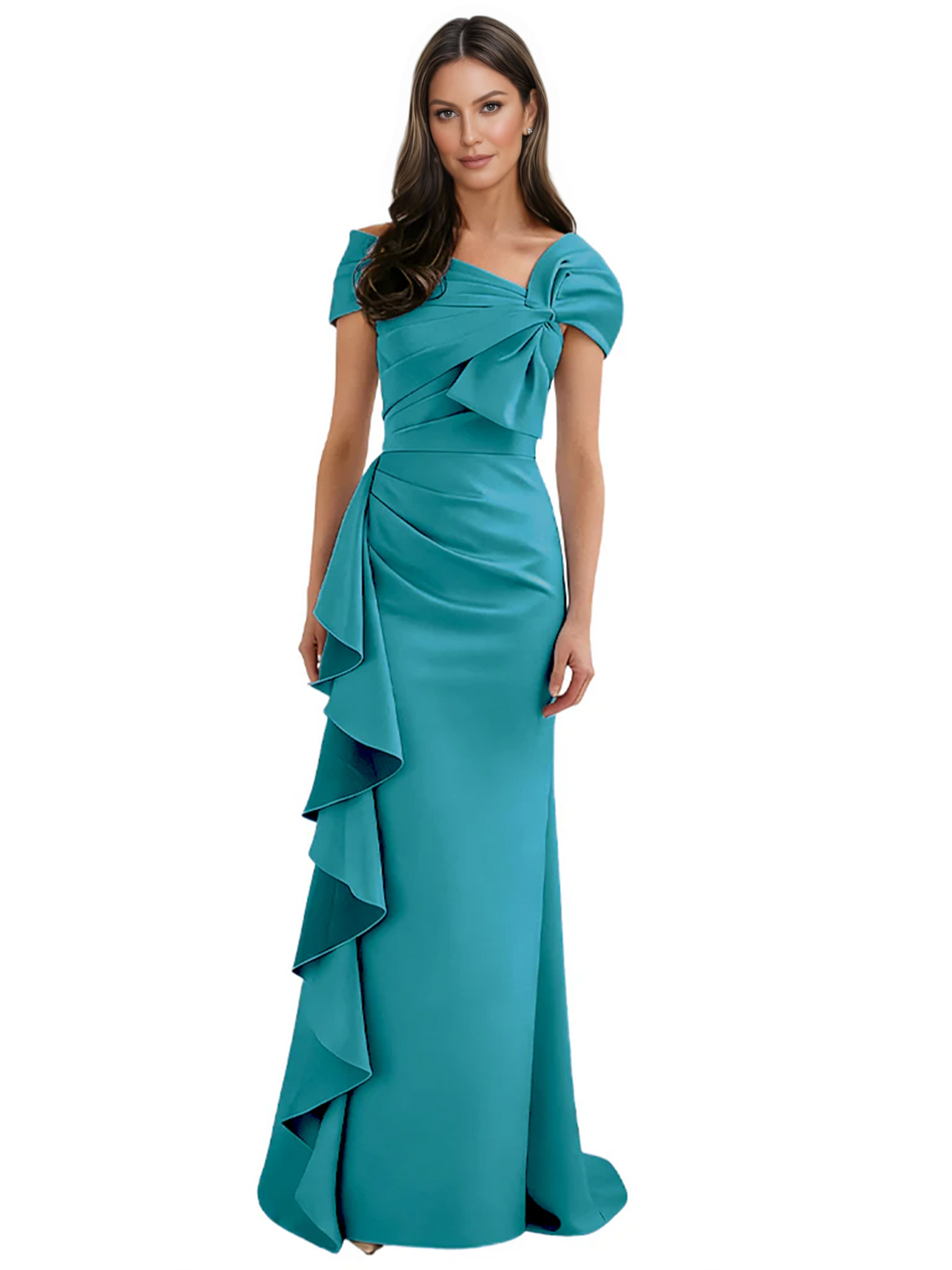 Elegant Mother of Bride Dress Formal Gowns Mermaid Ruffle Floor Length Asymmetric Neckline