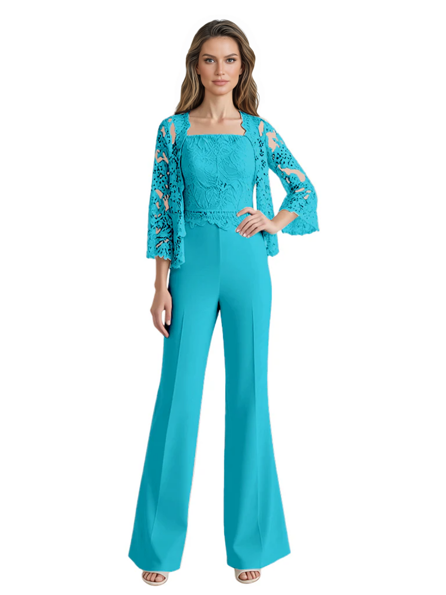 Mother of the Bride Jumpsuit with Lace Jacket 3/4 Sleeve Formal Pant Suit