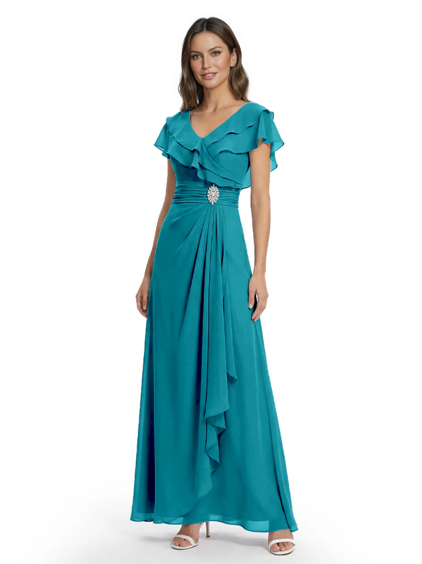 Elegant Mother of the Groom Dress Cascading Ruffle Chiffon Formal Gown Rhinestone