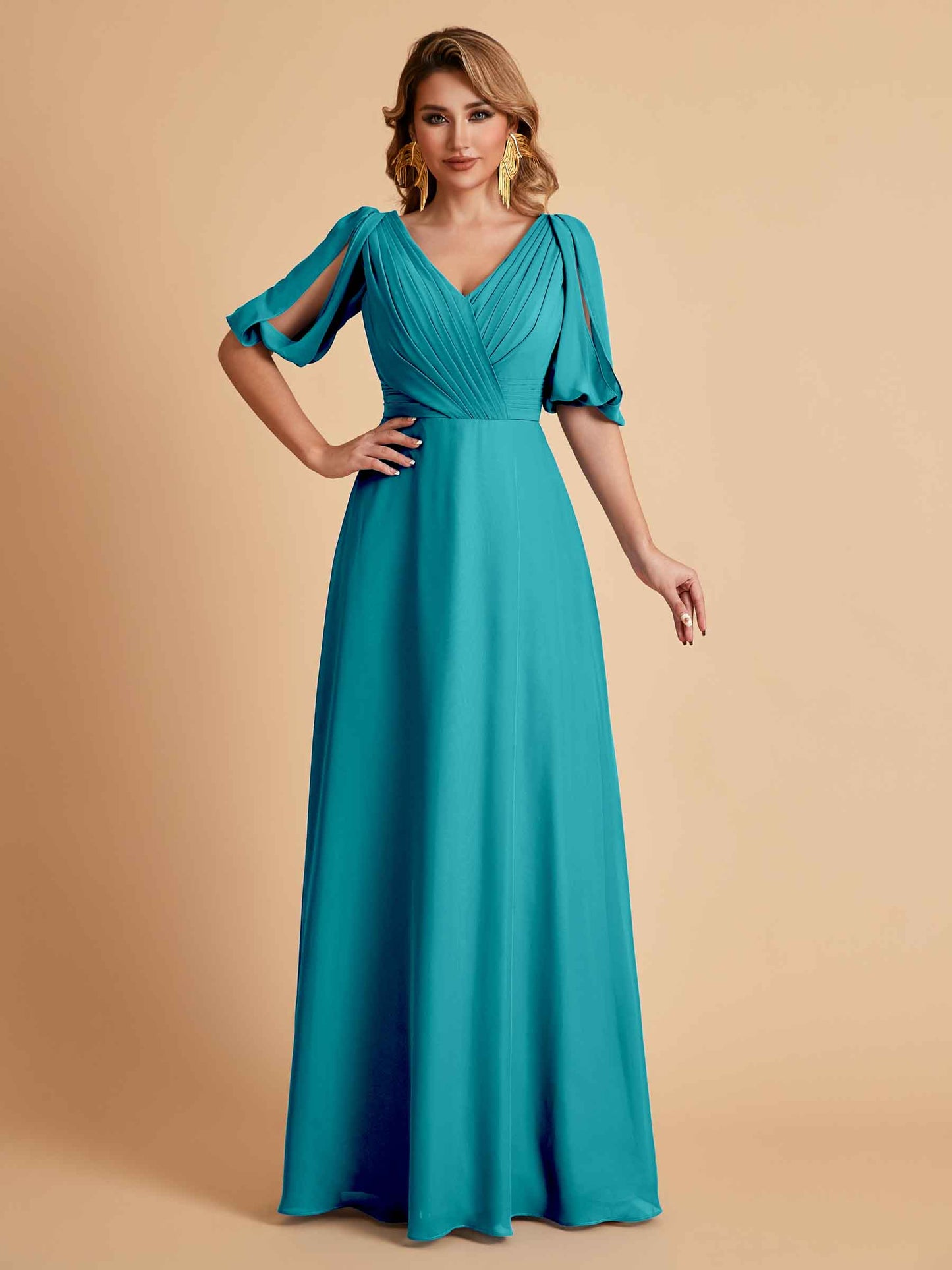 Elegant A-Line Chiffon Half Sleeves V-Neck Mother of the Brides Dresses Online
