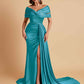 Elegant Soft Satin V-neck Off-the-Shoulder Side-Slit Mermaid Bridesmaid Dresses