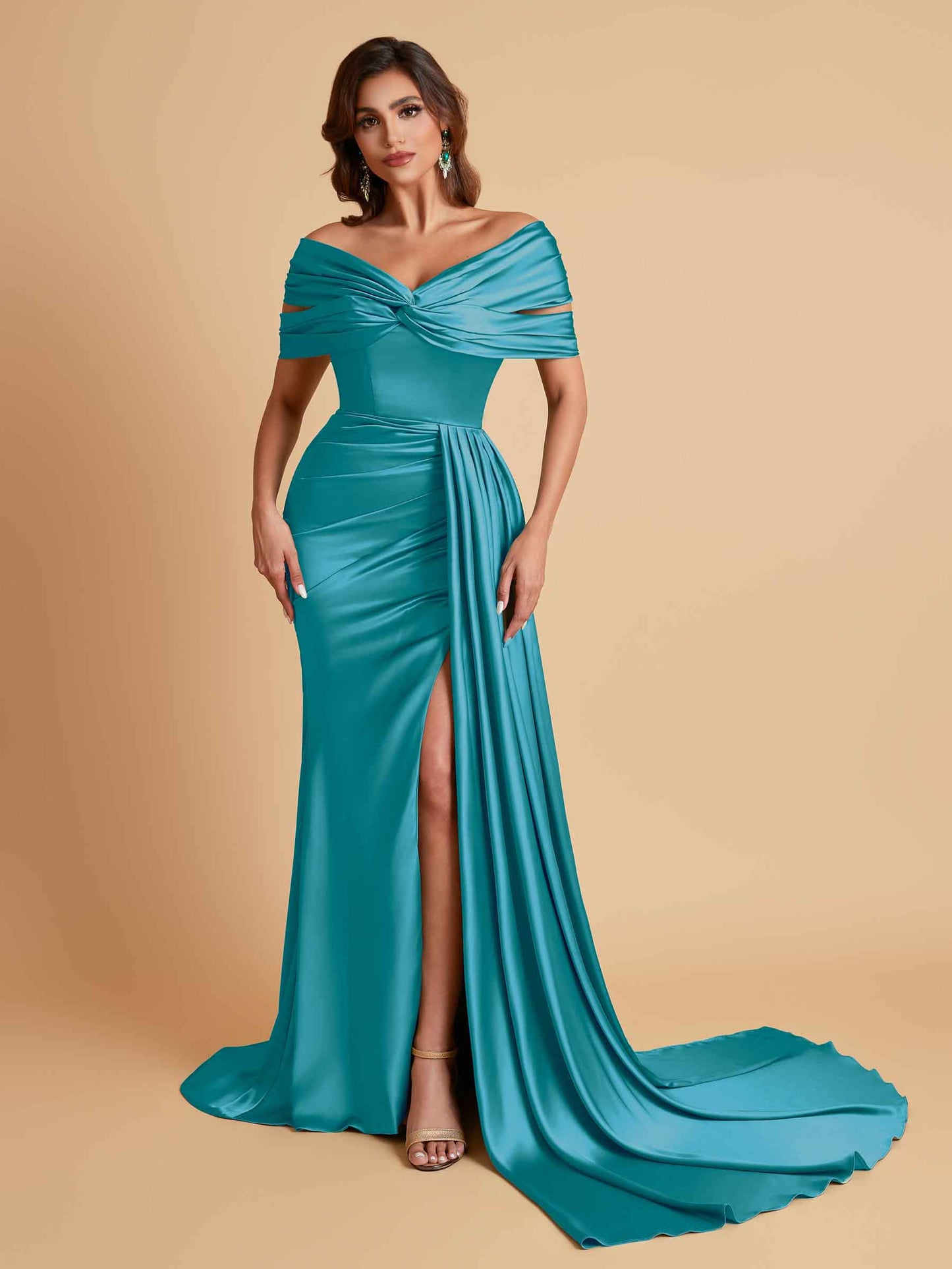 Elegant Soft Satin V-neck Off-the-Shoulder Side-Slit Mermaid Bridesmaid Dresses