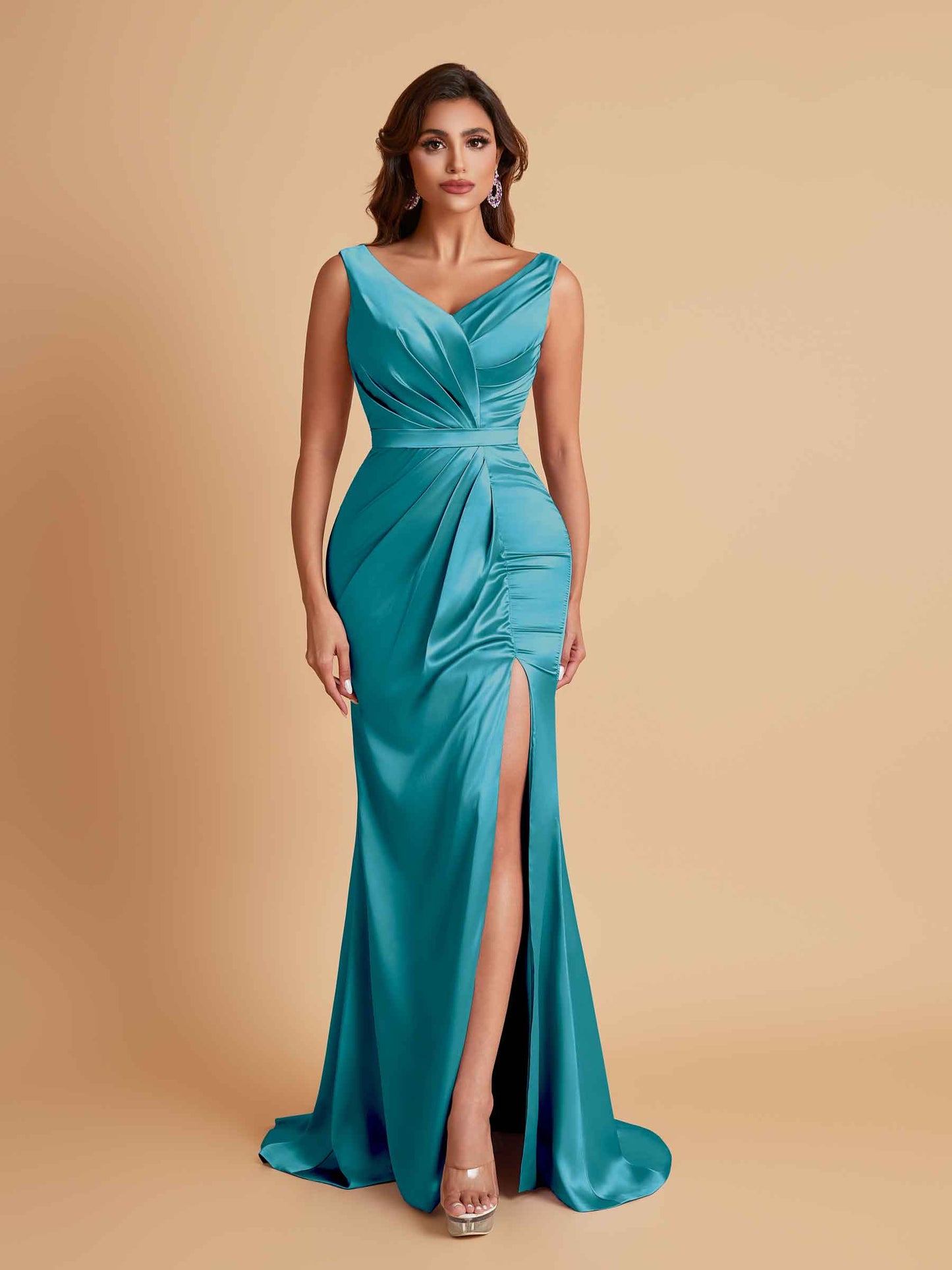 Elegant V Neck Soft Satin Side Slit Floor-Length Mermaid Bridesmaid Dresses