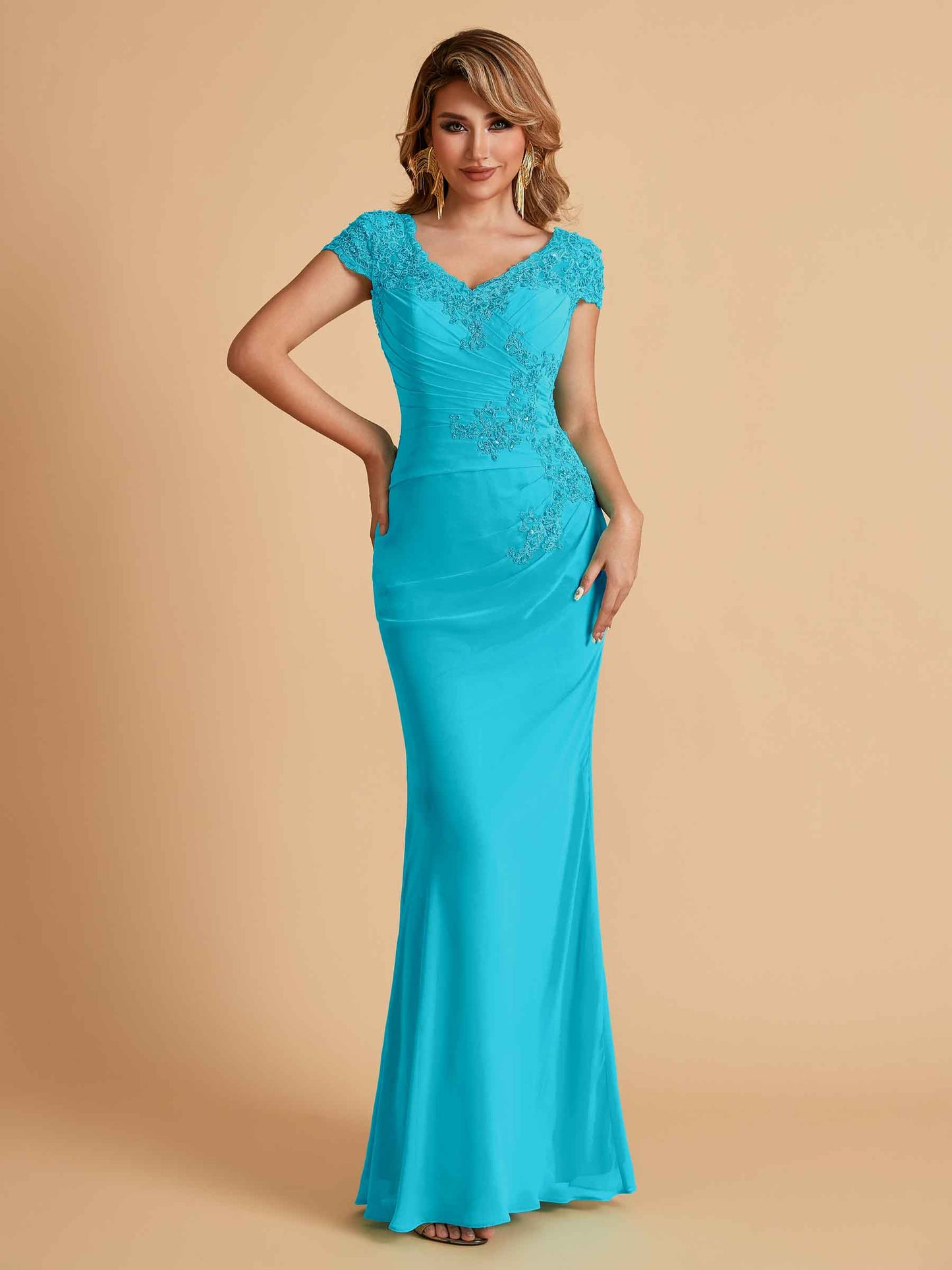 Elegant Mermaid Chiffon Cap Sleeves V-Neck Mother of the Brides Dresses Online