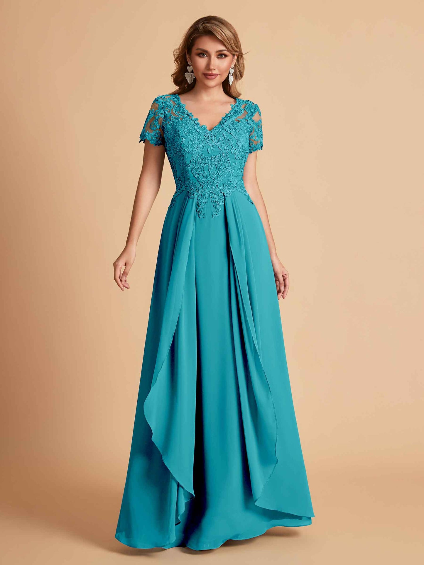 Elegant A-Line Chiffon Short Sleeves V-neck Mother of the Brides Dresses Lace Top MOB Dresses
