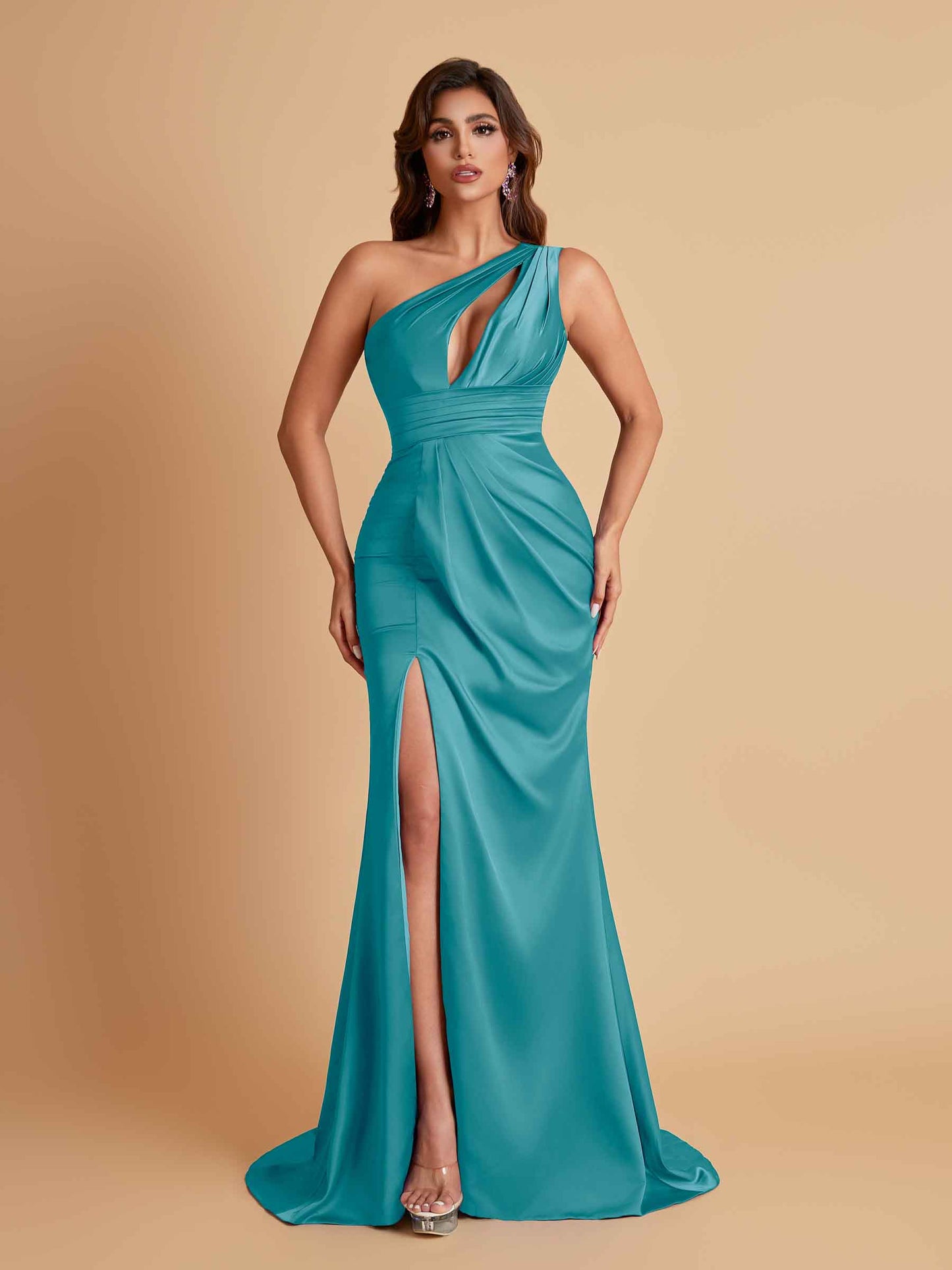 Sexy One Shoulder Soft Satin Side Slit Floor-Length Mermaid Bridesmaid Dresses