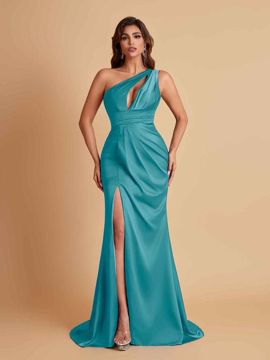 Sexy One Shoulder Soft Satin Side Slit Floor-Length Mermaid Bridesmaid Dresses