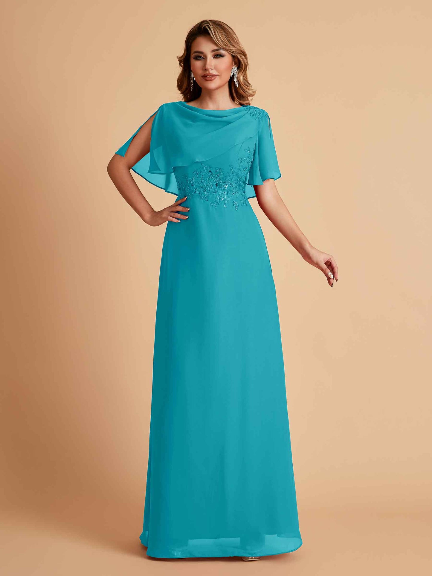 Elegant A-Line Chiffon Half Sleeves Jewel Mother of the Brides Dresses Online