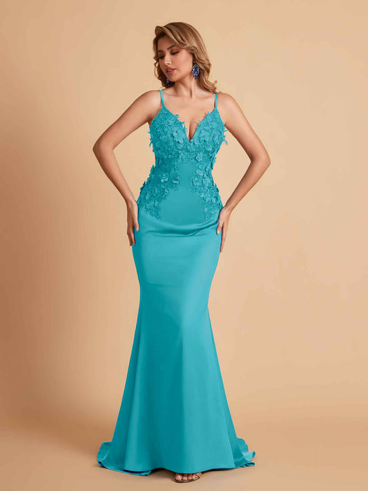 Sexy Satin Spaghetti Straps V-neck Mermaid Floor Length Applique Bridesmaid Dresses