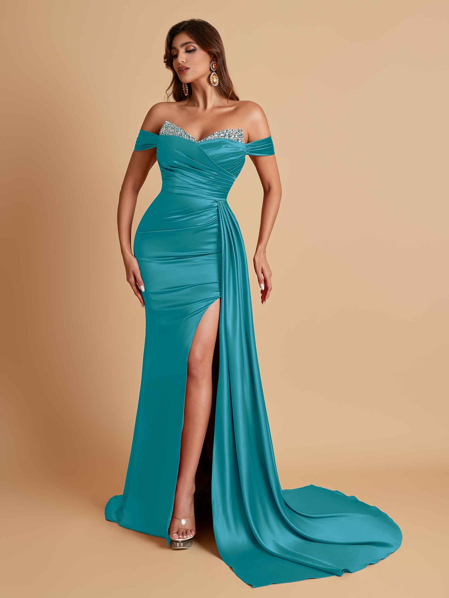 Gorgeous Soft Satin V-neck Off-the-Shoulder Side-Slit Mermaid Bridesmaid Dresses