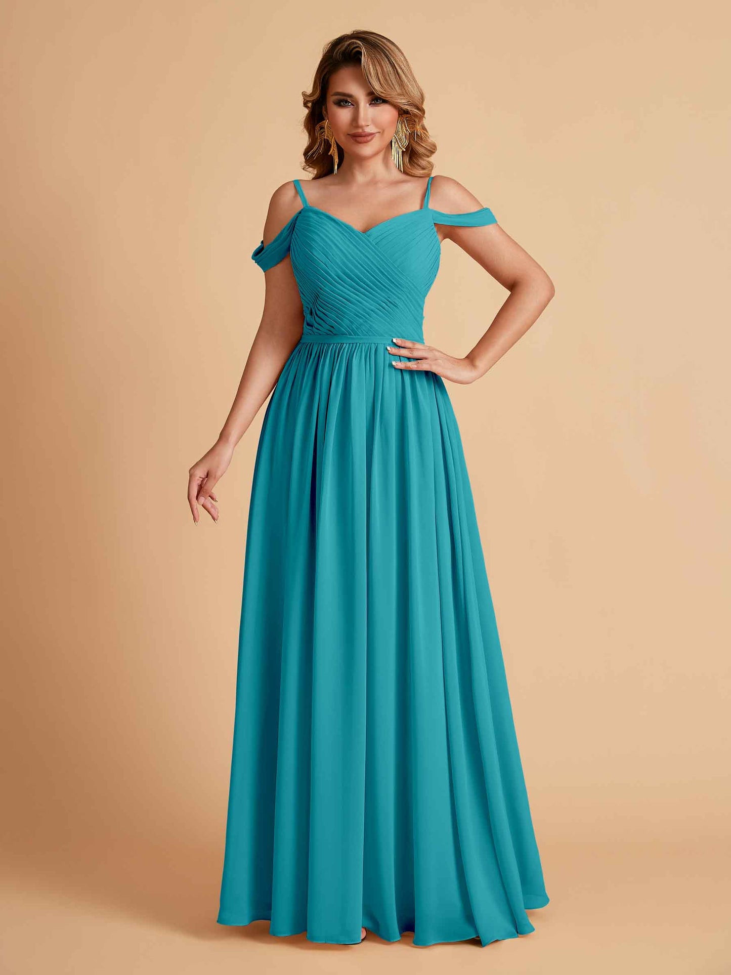 Elegant A-line Chiffon Off The Shoulder V-Neck Bridesmaid Dresses Online