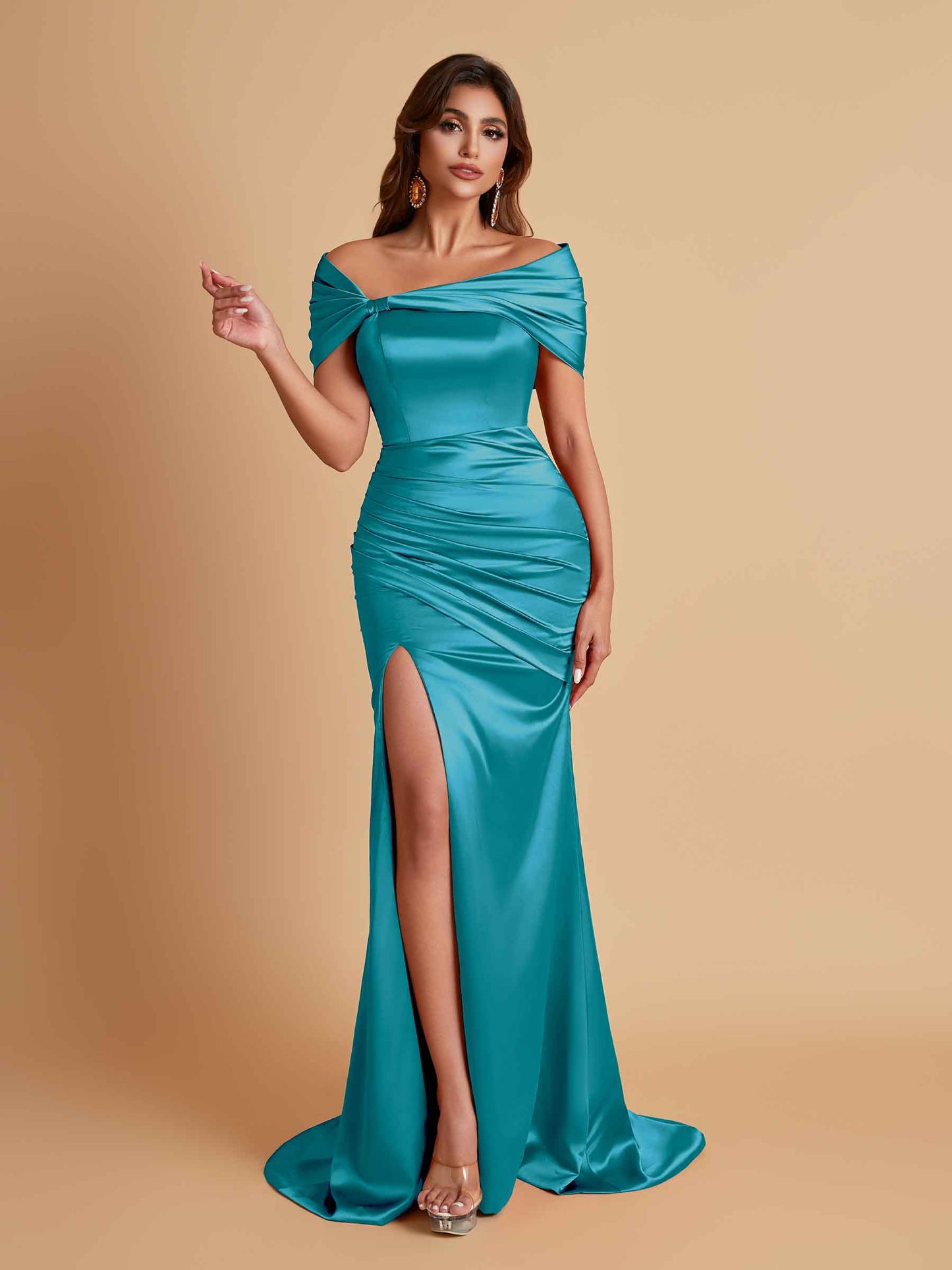 Elegant Soft Satin Off-the-shoulder Side-Slit Mermaid Bridesmaid Dresses