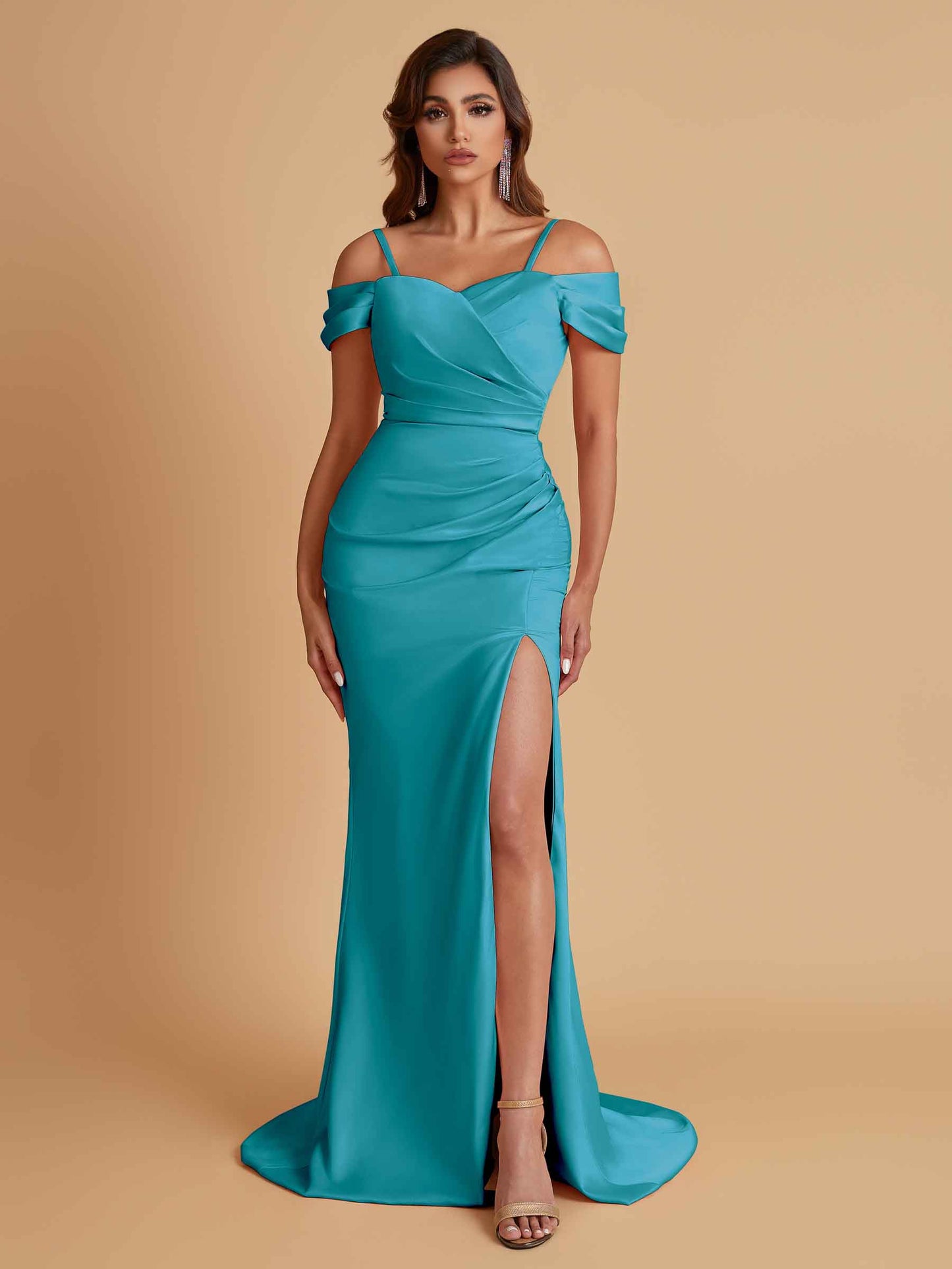 Sexy Soft Satin Mermaid Cold Shoulder Side Slit Floor-Length Bridesmaid Dresses Online