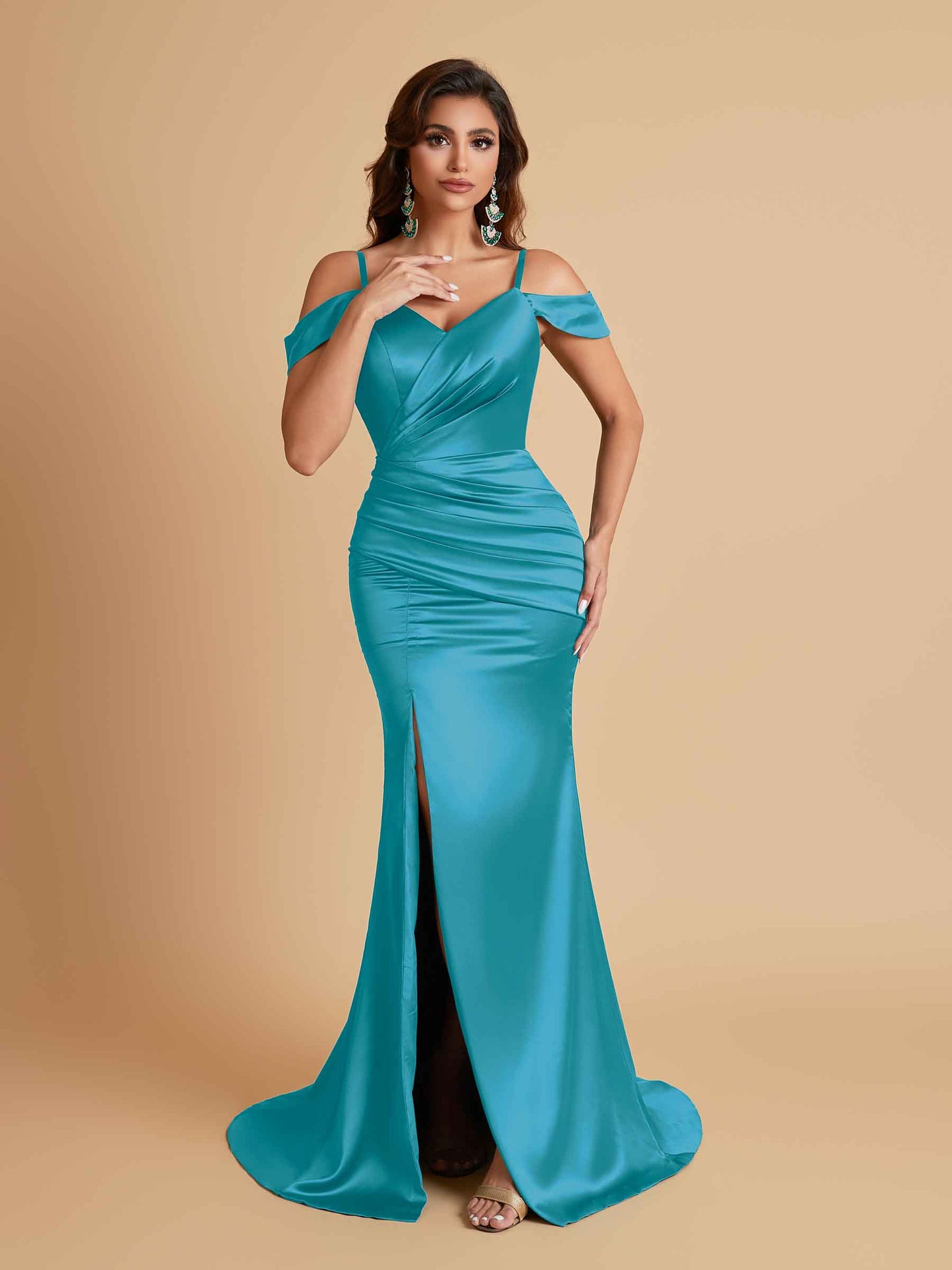 Sexy Soft Satin Mermaid Off Shoulder Side Slit Floor-Length Mermaid Bridesmaid Dresses