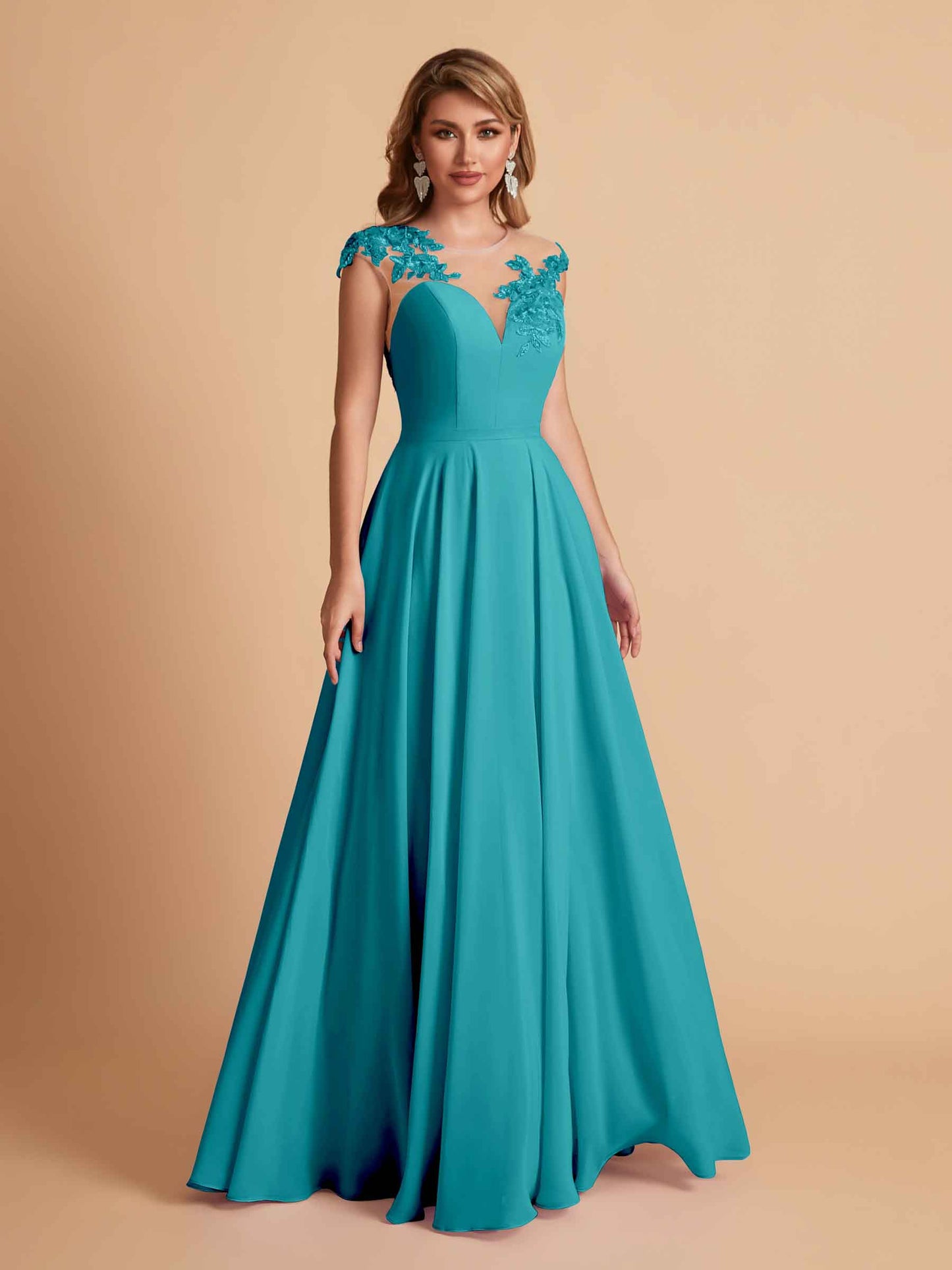 Chiffon Illusion Lace Top A-line Bridesmaid Dresses V-neck Floor Length Wedding Guest Dresses