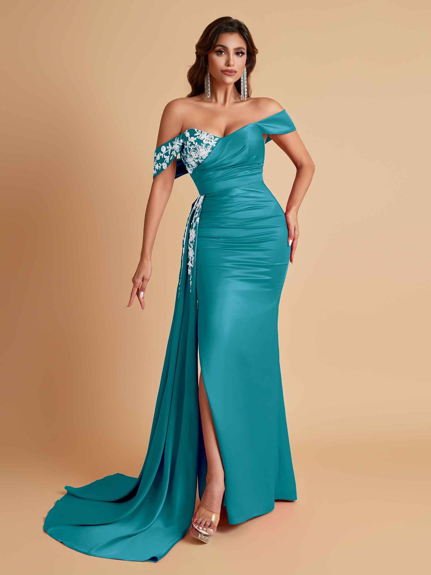 Elegant Soft Satin Mermaid Off Shoulder Floor-Length Mermaid Bridesmaid Dresses