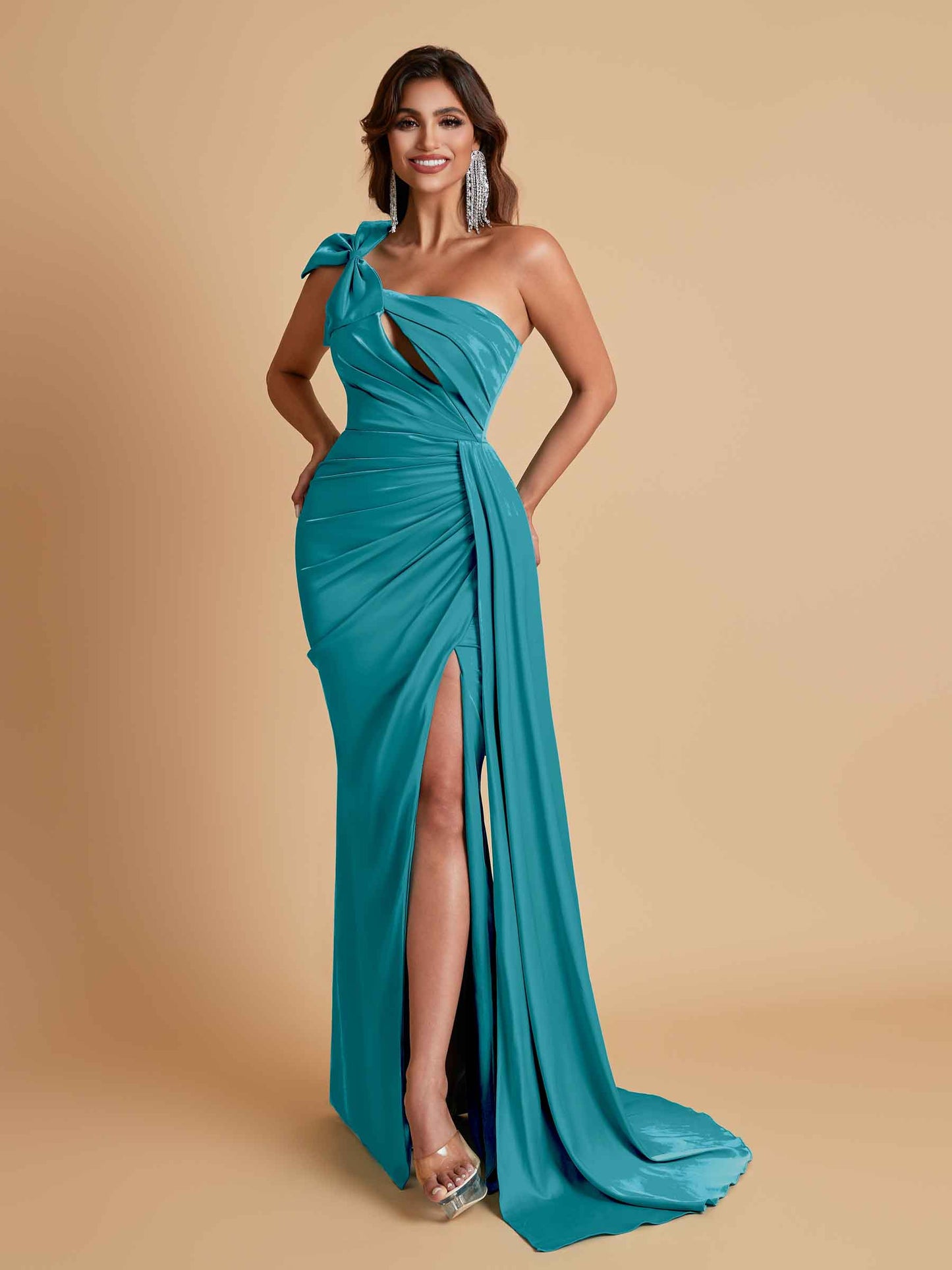 Gorgeous One Shoulder Bow Knot Soft Satin Side Slit Floor-Length Mermaid Bridesmaid Dresses