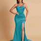 Sexy Spaghetti Straps V Neck Soft Satin Side Slit Floor-Length Mermaid Bridesmaid Dresses