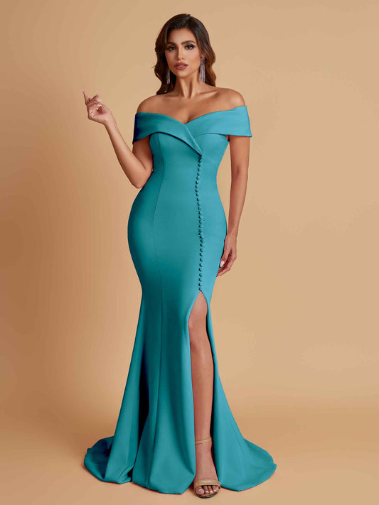 Elegant Soft Satin Mermaid Off Shoulder Side Slit Floor-Length Bridesmaid Dresses