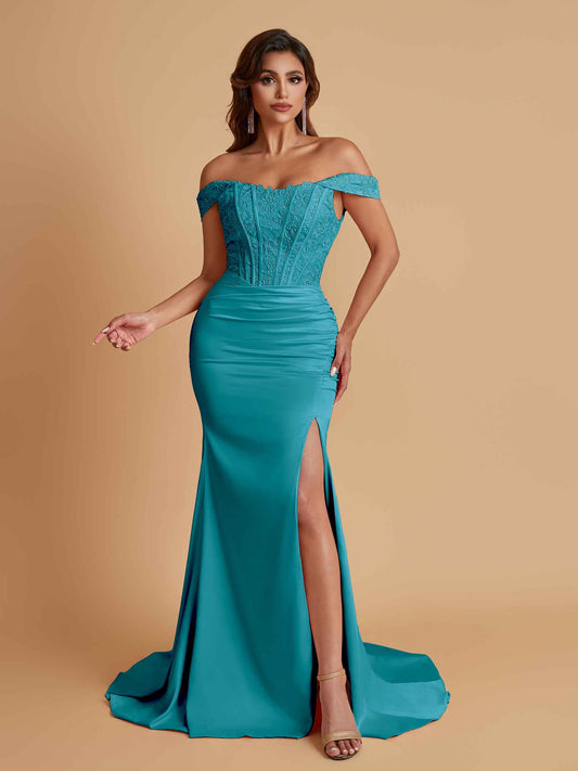 Elegant Soft Satin Mermaid Off Shoulder Side Slit Floor-Length Mermaid Bridesmaid Dresses