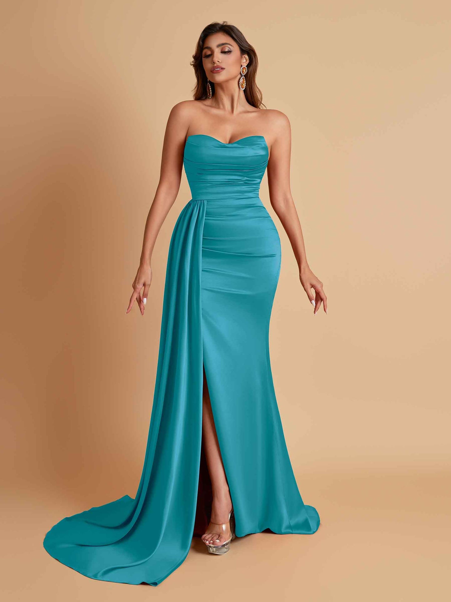 Elegant Soft Satin Sweetheart Strapless Side-Slit Mermaid Bridesmaid Dresses