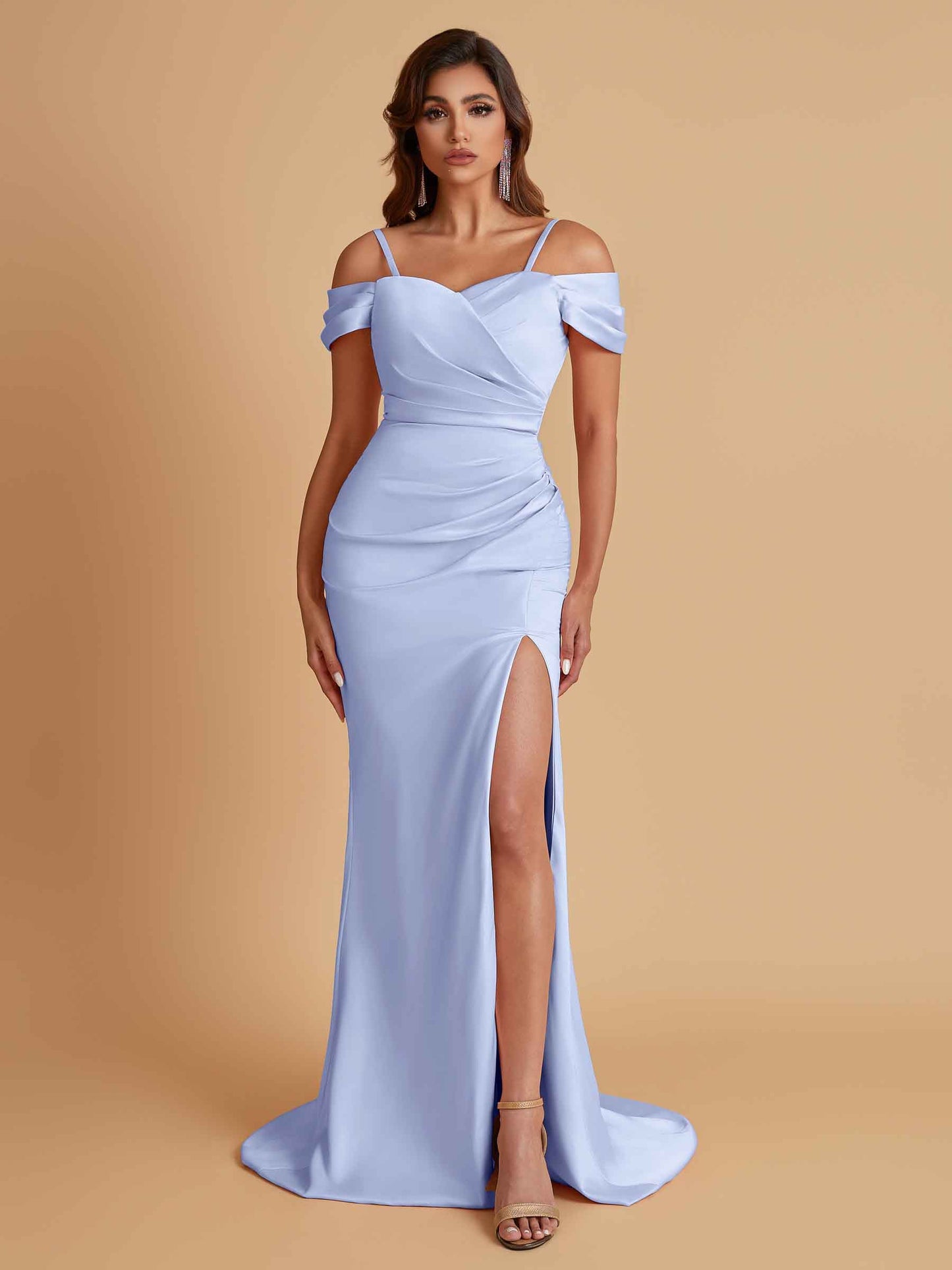 Sexy Soft Satin Mermaid Cold Shoulder Side Slit Floor-Length Bridesmaid Dresses Online
